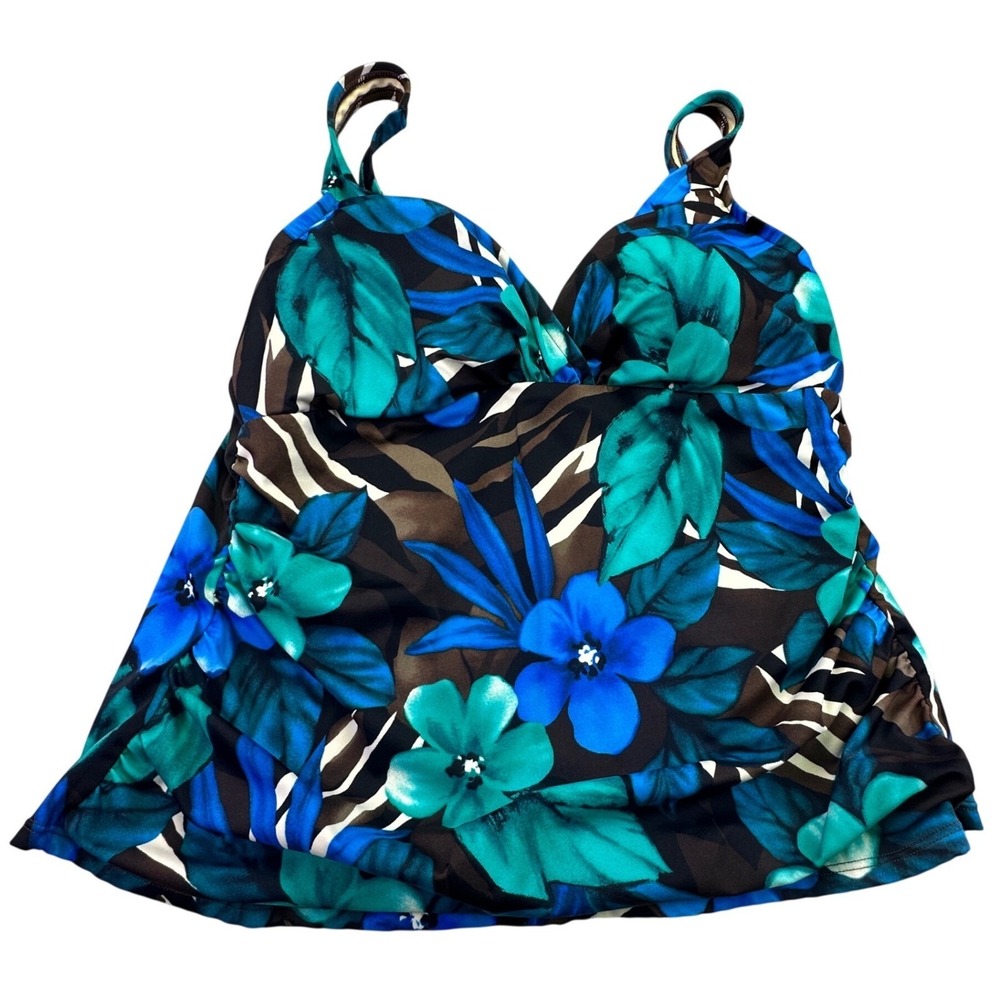 Slimshaper Tankini Swim Top Women's Size 16 Floral Tropical Blue Brown Resort - Picture 2 of 6